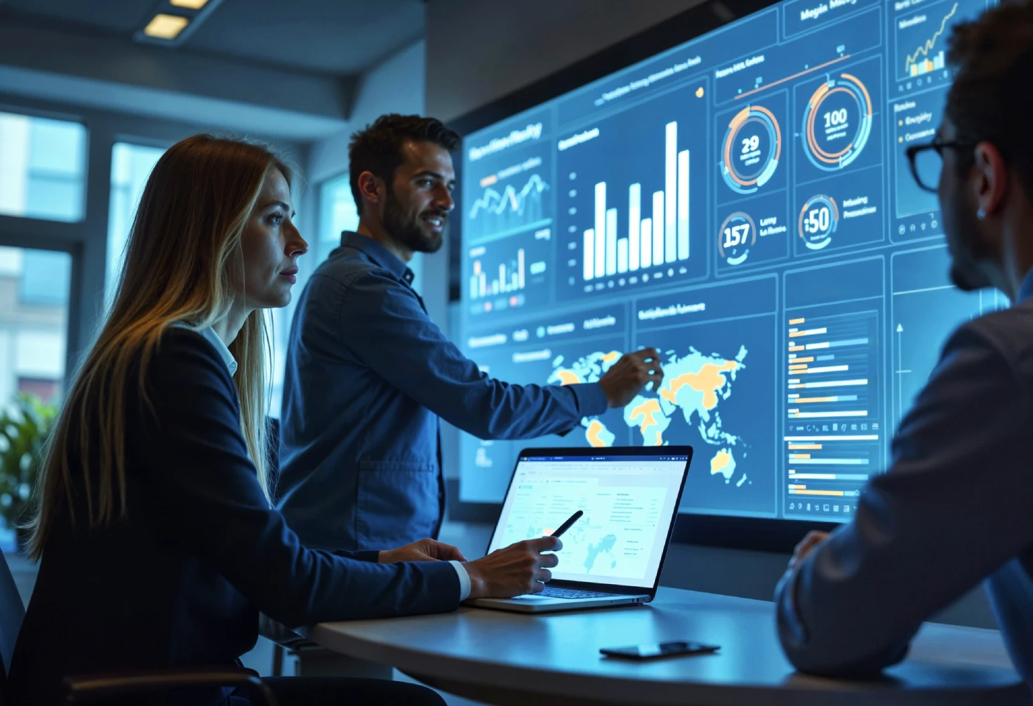 Una persona de negocios interactuando con un dashboard de Business Intelligence en una pantalla táctil, simbolizando el uso de la tecnología para el crecimiento empresarial
